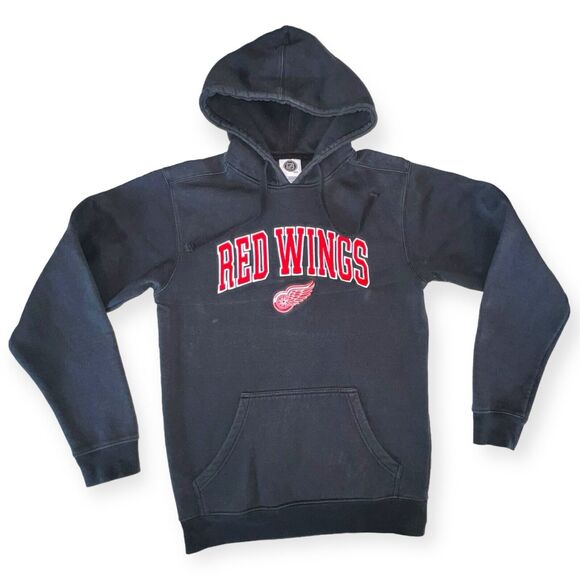 NHL Detroit Red Wings Mens Hoodie 90s Dark Grey Hockey Embroidered Spell Out - Picture 1 of 13